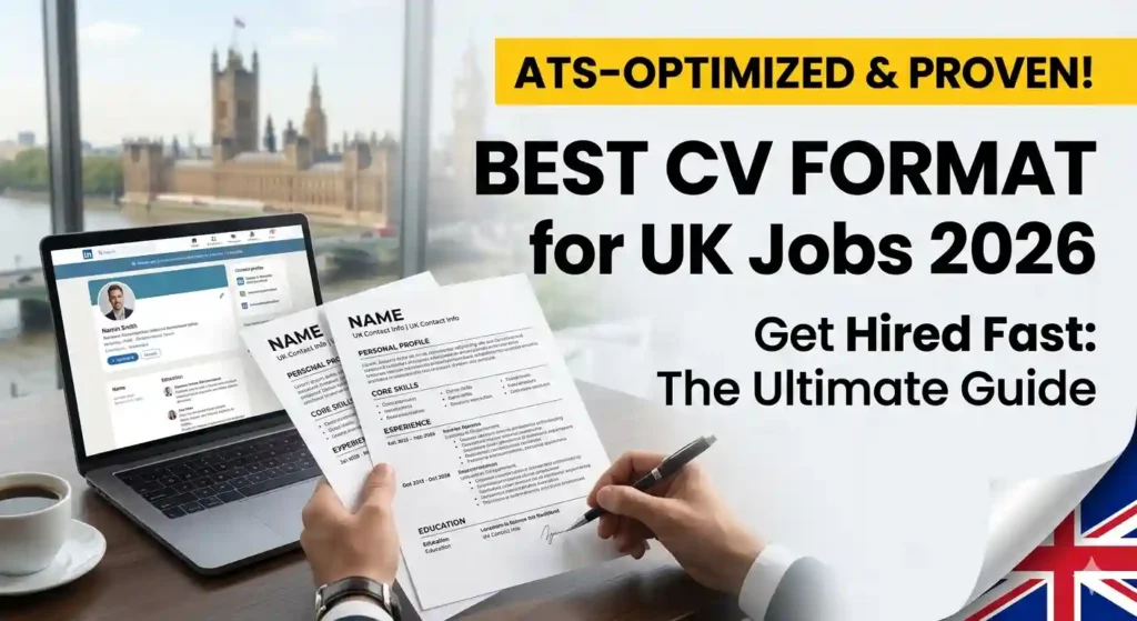 A professional 2-page template representing the Best CV Format for UK Jobs 2026 with ATS-friendly layout and London background.