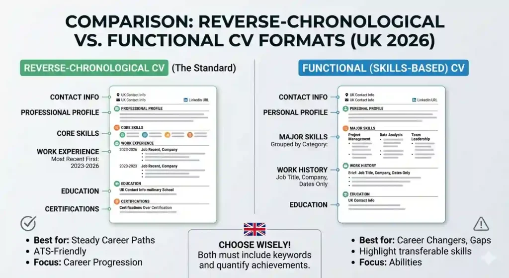 Side-by-side comparison between Reverse-Chronological and Functional CV formats for UK jobs in 2026.