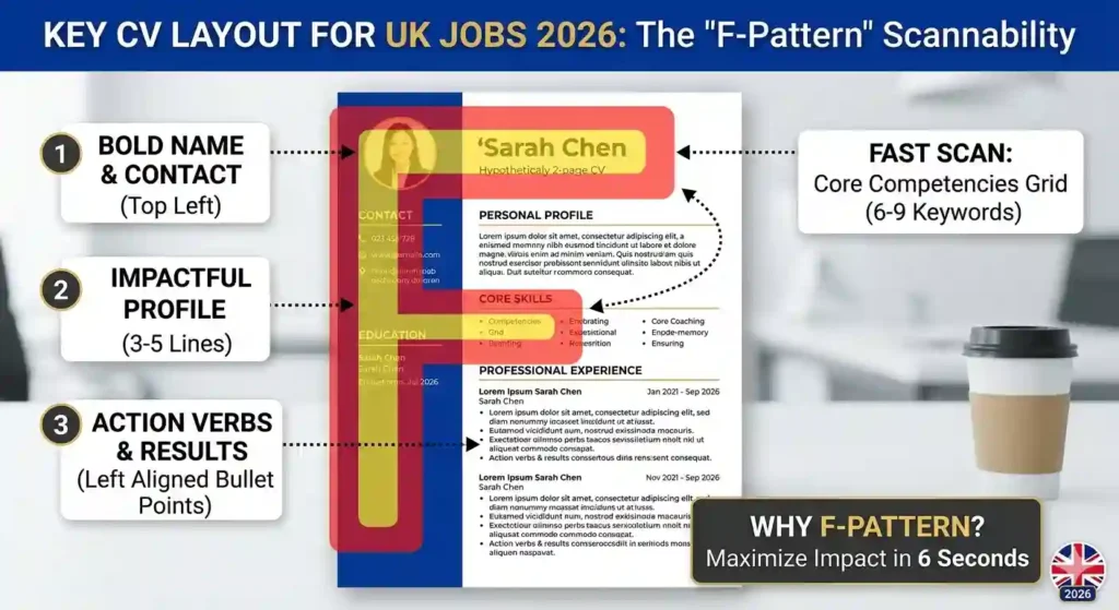 Visual guide showing the F-pattern scannability for the Best CV Format for UK Jobs 2026 to pass recruiter's 6-second scan.