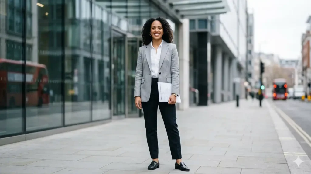 Confident professional woman holding Europass CV outside London office building