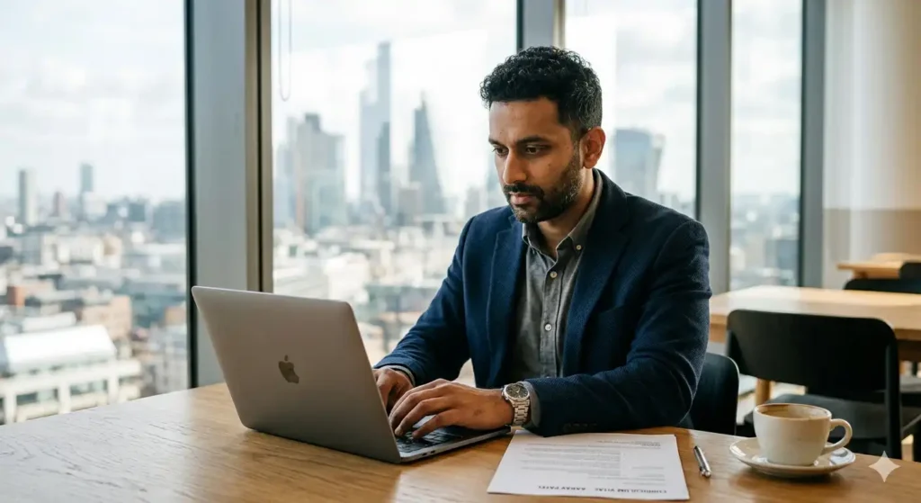 South Asian professional building a free Europass CV on laptop in London office