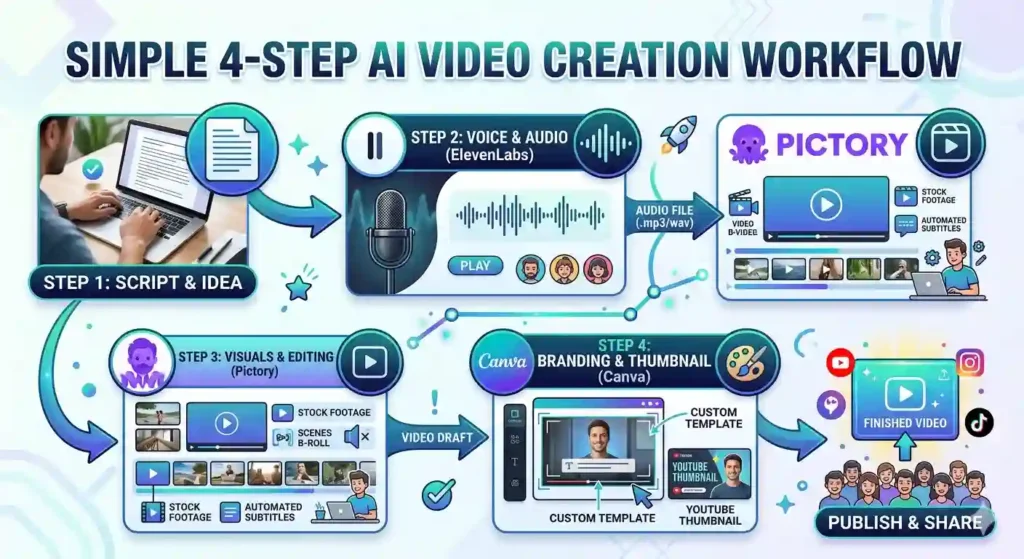 Step-by-step workflow diagram of creating a faceless YouTube video using ElevenLabs for voiceover, ChatGPT for scripts, and Pictory for video editing.