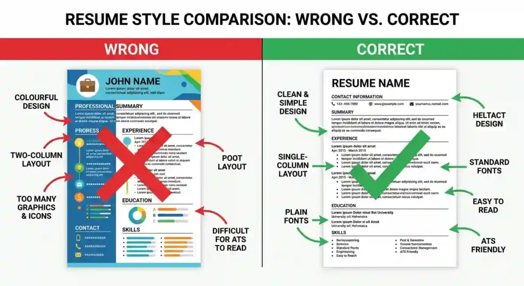Wrong vs correct ATS resume format comparison showing single column layout