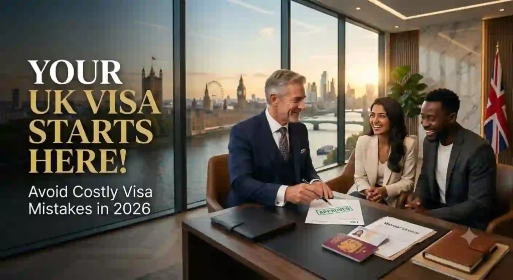 UK immigration attorney in London consulting international clients about UK visas, residency, citizenship, and legal immigration services in a modern law office.