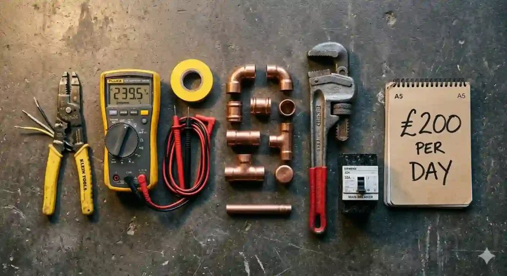  electrician and plumber tools representing highest paying trade jobs in UK without a degree