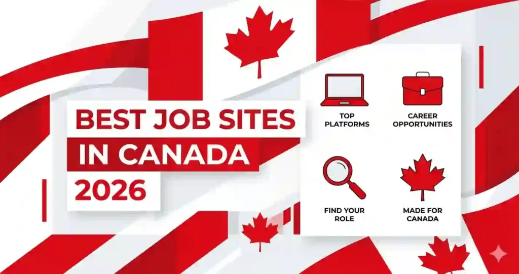 Best job sites in Canada for immigrants and foreigners 2026 infographic with maple leaf and briefcase icons
