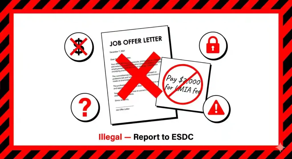LMIA scam warning signs Canada illegal job offer fee red flags 2026