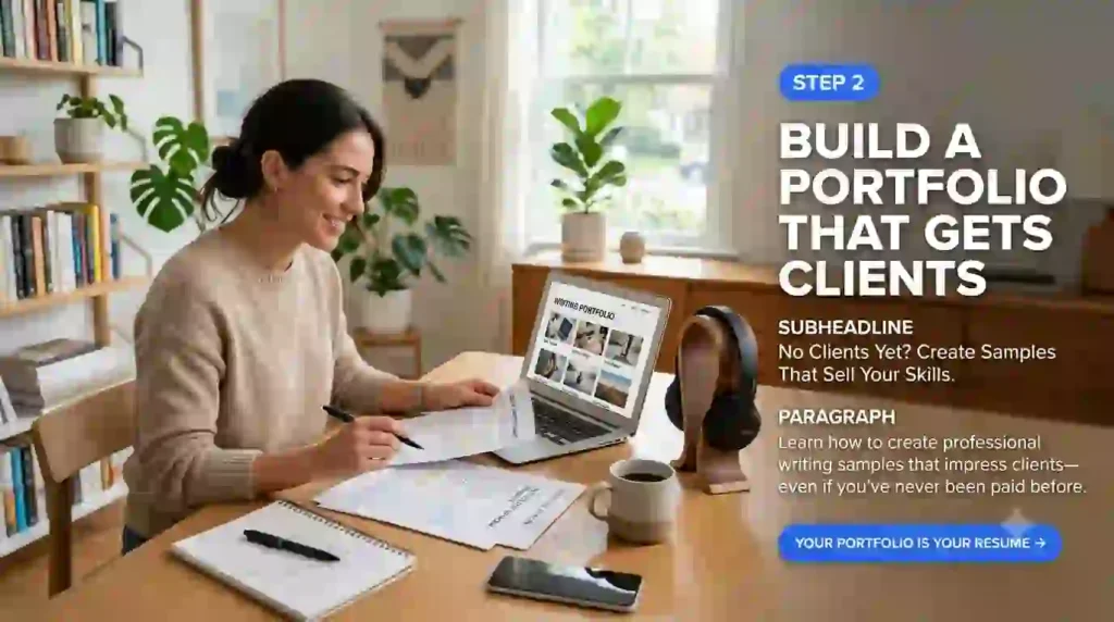 Freelance writer creating a professional writing portfolio with sample articles to attract first clients online.