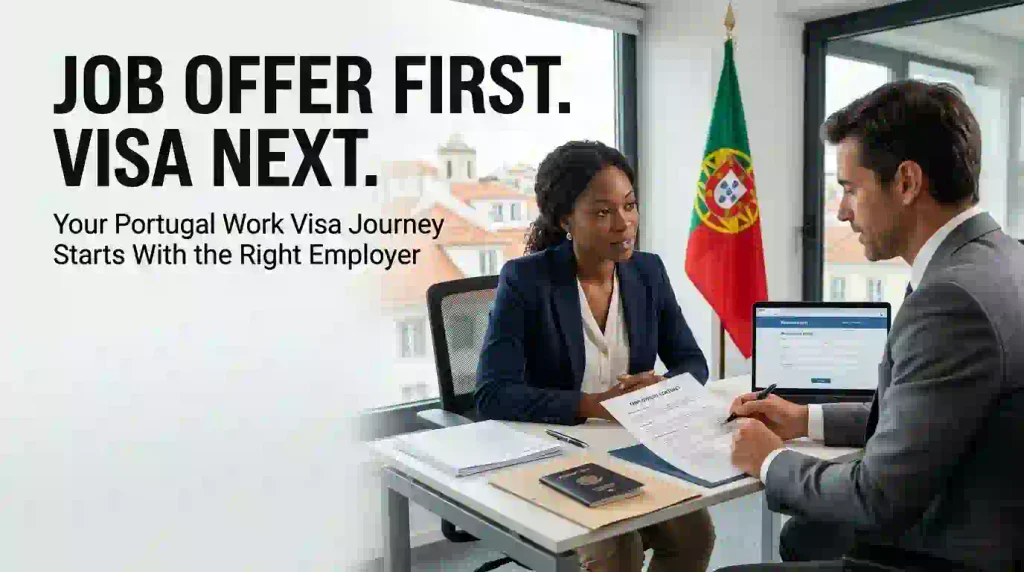 International job applicant reviewing a Portugal employment contract with an employer before applying for a work visa